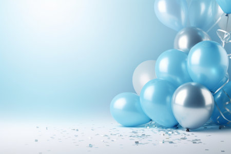 Festive background with blue balls and confetti.の素材