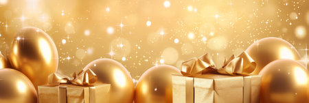 Festive background with golden balls, gift boxes and confetti.の素材