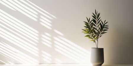 Light summer beige background with a vase and a green plant on the table. Bright sunlight and shadows from the foliage.の素材