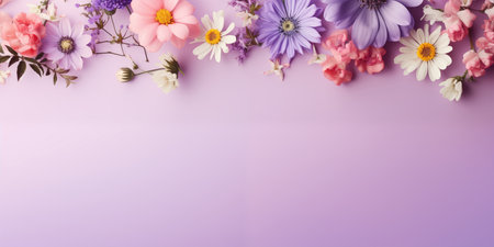 Beautiful flowers on lilac background. Banner for Easter, Women's Day, Mother's Day, Valentine's Day with a place for text.の素材
