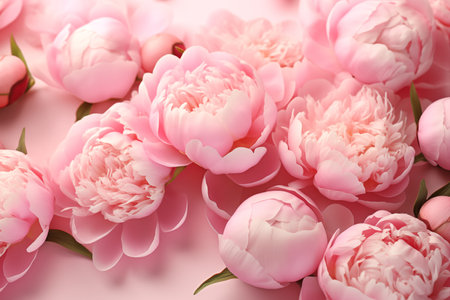 Beautiful delicate peony flowers on pink background. A card for Easter, Women's Day, Mother's Day, Valentine's Day. Top view.の素材