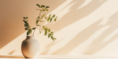 Light summer beige background with a vase and a green plant on the table. Bright sunlight and shadows from the foliage.の素材