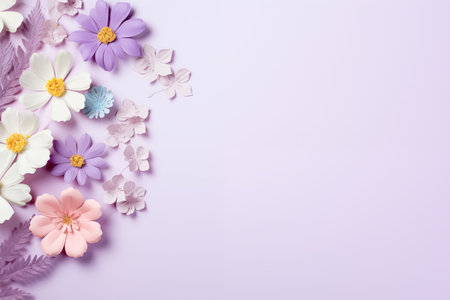 Beautiful flowers on lilac background. Banner for Easter, Women's Day, Mother's Day, Valentine's Day with a place for text.の素材