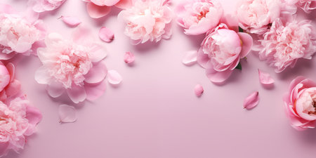 Beautiful delicate peony flowers on pink background. A card for Easter, Women's Day, Mother's Day, Valentine's Day. Top view.の素材
