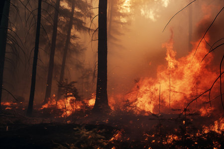 The flames of a forest fire spreading through the trees. Climate change and an increase in the number of weather disasters in the world.の素材