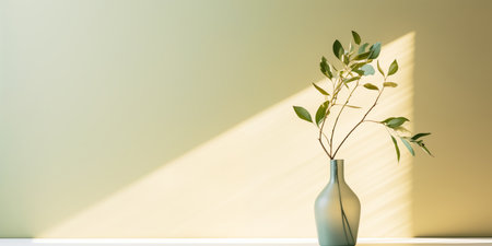 Light summer beige background with a vase and a green plant on the table. Bright sunlight and shadows from the foliage.の素材