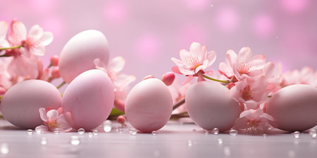 Festive banner with pink Easter eggs and spring flowers.の素材