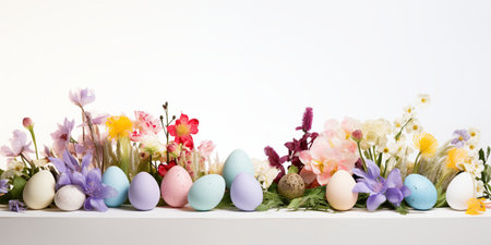 Colorful Easter eggs with beautiful spring flowers on a white background. A festive banner with a place for text.の素材