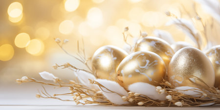 Festive banner with golden Easter eggs.の素材