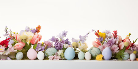 Colorful Easter eggs with beautiful spring flowers on a white background. AI generated.の素材