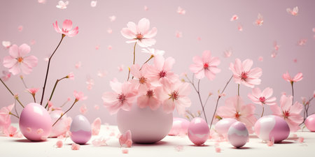 Festive banner with pink Easter eggs. AI generated.の素材