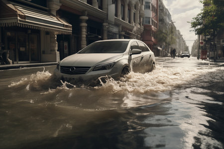 The street of a small town is flooded with water. AI generated.の素材