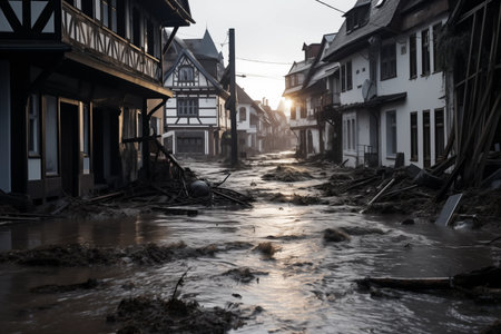The street of a small town is flooded with water. AI generated.の素材