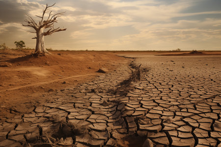 Cracked dried earth. Drought due to global warming. AI generated.の素材