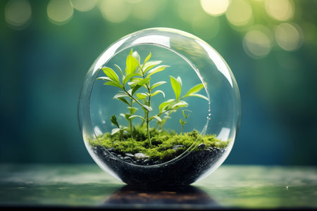 Green plants in a glass ball. The concept of a closed ecosystem and environmental conservation.の素材