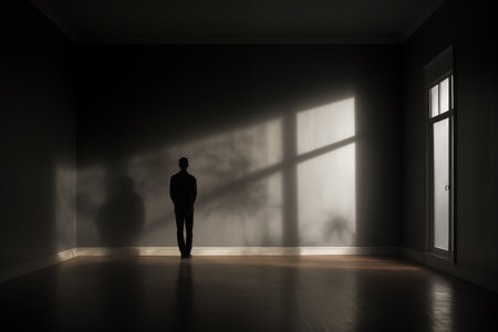 The silhouette of a lonely man in an empty dark room.の素材