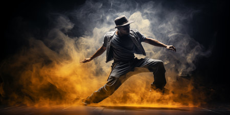 Young hip hop dancer dancing on a dark background in smoke.の素材