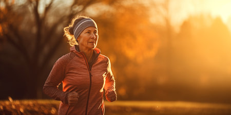 An elderly woman goes jogging in the park.の素材