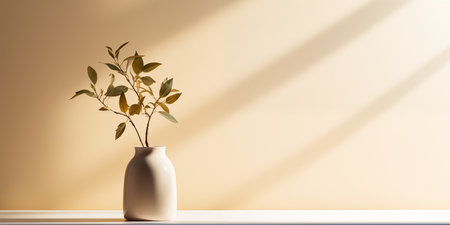 Light summer beige background with a vase and a green plant on the table. Bright sunlight and shadows from the foliage.の素材