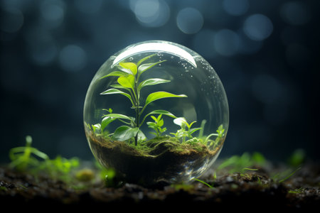 Green plants in a glass ball. The concept of a closed ecosystem and environmental conservation.の素材