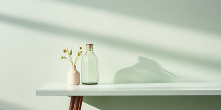 Light summer green background with a vase and a bottle on the table. Bright sunlight and shadows from the foliage.の素材