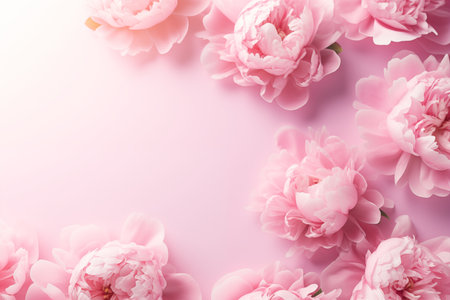 Beautiful delicate peony flowers on pink background. Top view.の素材