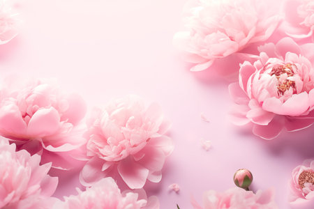 Beautiful delicate peony flowers on pink background. Top view.の素材