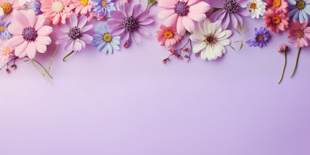 Beautiful flowers on lilac background. Banner with place for text.の素材