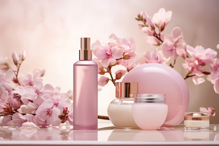 Cosmetic products on a pink background.の素材