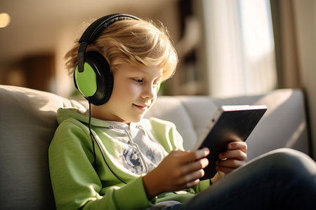 A boy with headphones uses a gadget. The Alpha Generation.の素材
