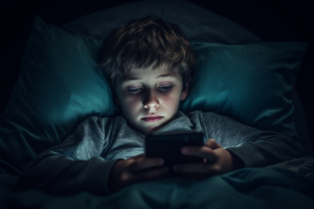 A boy addicted to gadgets is playing on a mobile phone. The Alpha Generation.の素材