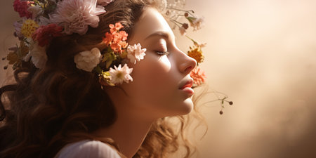 Young smiling woman with flowers on beige background. Banner with copy space.の素材