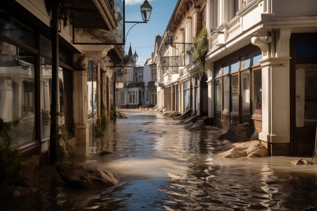The street of a small town is flooded with water. Climate change and an increase in the number of weather disasters in the world.の素材