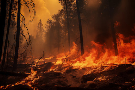 The flames of a forest fire spreading through the trees. Climate change and an increase in the number of weather disasters in the world.の素材