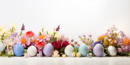 Colorful Easter eggs with beautiful spring flowers on a white background. A festive banner with a place for text.の素材