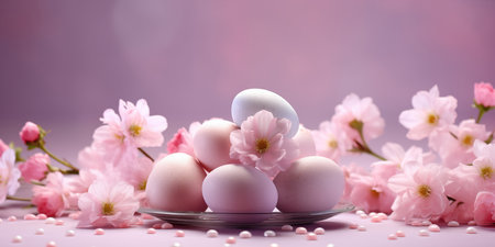 Festive banner with pink Easter eggs and spring flowers.の素材