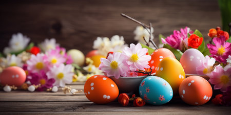 Colorful Easter eggs with beautiful spring flowers on a wooden background. A festive banner with a place for text.の素材