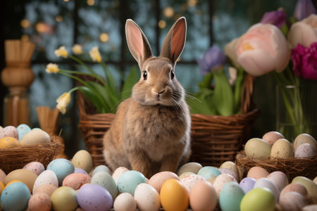 A cute Easter bunny with colorful Easter eggs.の素材