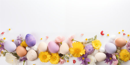 Colorful Easter eggs with beautiful spring flowers on a white background. A festive banner with a place for text. Flatlay.の素材