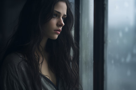 Portrait of a sad young girl at the window.の素材