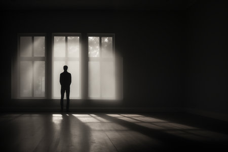 The silhouette of a lonely man in an empty dark room.の素材