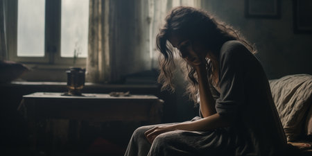 A young single woman is depressed at home.の素材