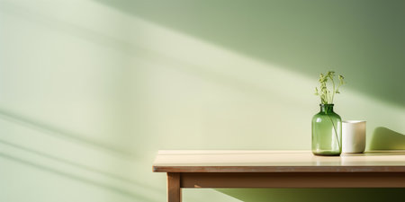 Light summer green background with a vase and a bottle on the table. Bright sunlight and shadows from the foliage.の素材
