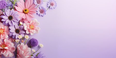 Beautiful flowers on lilac background. Card for Easter, Women's Day, Mother's Day, Valentine's Day with a place for text.の素材