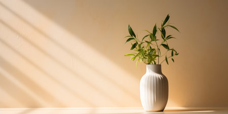 Light summer beige background with a vase and a green plant on the table. Bright sunlight and shadows from the foliage.の素材