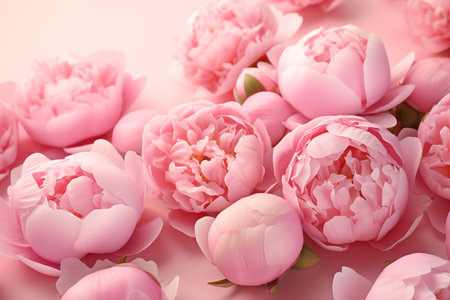 Beautiful delicate peony flowers on pink background. A card for Easter, Women's Day, Mother's Day, Valentine's Day. Top view.の素材