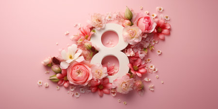 A festive banner with flowers and the number 8. Celebrating International Women's Day.の素材