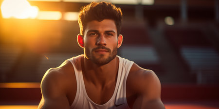 Portrait of an athlete in the city in the setting sun.の素材
