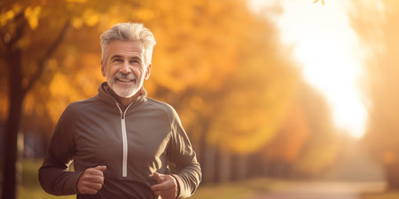 An elderly man goes jogging in the park.の素材
