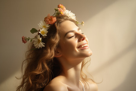 Young smiling woman with flowers on beige background. Banner with copy space.の素材